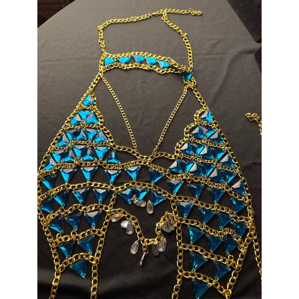 Rhinestone body chain bra, statement accessory bikini harness top body jewelry - Picture 3 of 10